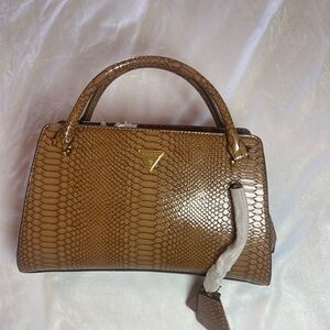 GUESS Tan Snake-Embossed Satchel with Top Handles